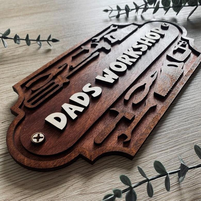 Personalized Dad Workshop Wood Sign - Rustic Plaque For Garage Or Shed, Fathers Day Gift For Him