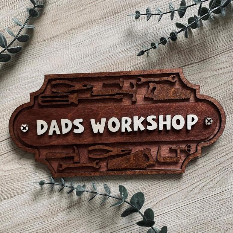 Personalized Dad Workshop Wood Sign - Rustic Plaque For Garage Or Shed, Fathers Day Gift For Him