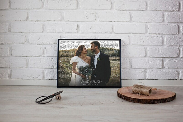 First dance song lyrics framed canvas, customized with couple's names, wedding date, and favorite verse; gift for spouses