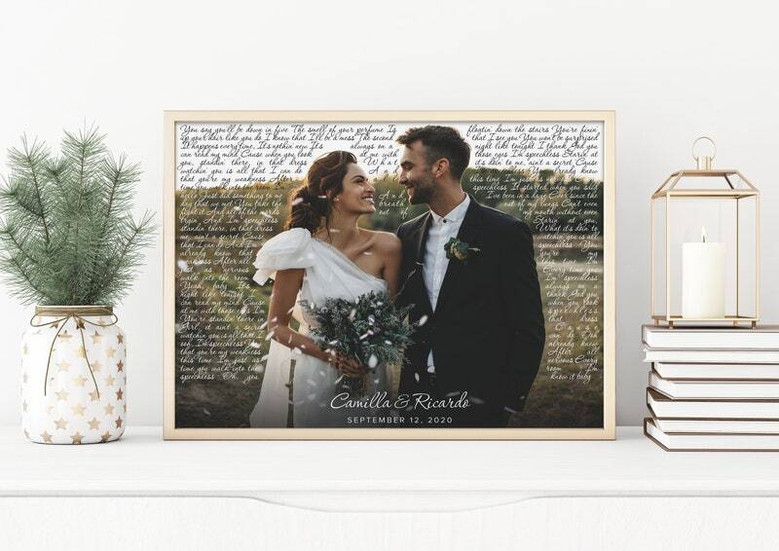 First dance song lyrics canvas print for living room decor, custom names, wedding date and song title; framed anniversary art