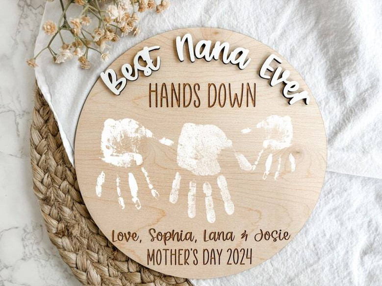 Heartfelt handprint wood sign in rustic farmhouse style, framed wall decor personalized with children's names for Mom or Nana