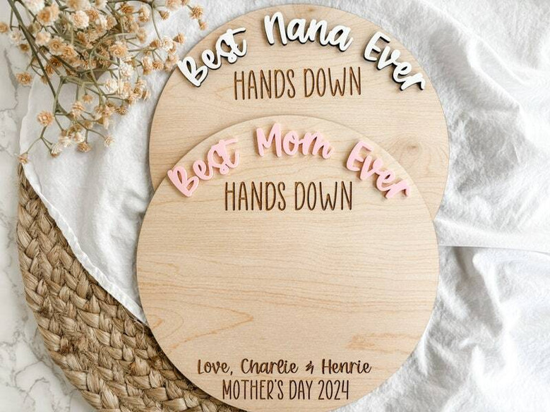 Heartfelt handprint wood sign with heart accents, stained plaque, personalized for Mom or Grandma, Mother's Day keepsake