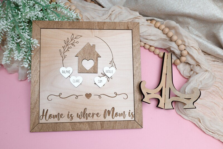 Home Is Where Mom Is wood sign, personalized with kids’ names, anniversary gift for her, elegant living room wall decor