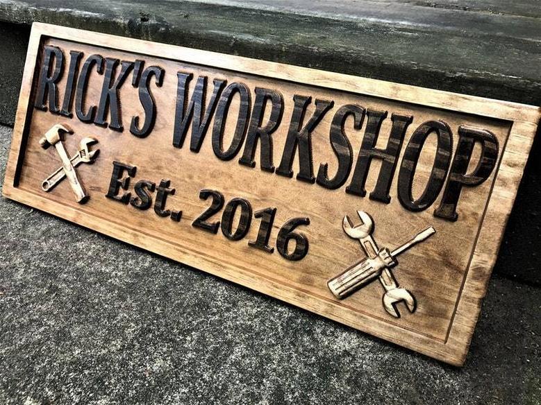 Personalized Dad Workshop Wooden Sign Gift For Him Father's Day, Man Cave Or Garage Decor