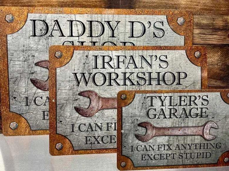 Personalized Funny Dad Metal Garage Sign For Workshop With Rust Steel Design