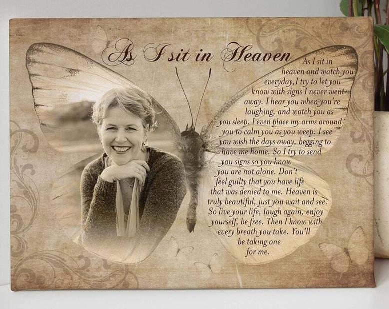 Mother In Heaven Canvas - Personalized Butterfly Memorial For Mom's Passing With 'As I Sit In Heaven' Poem