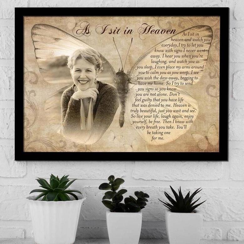 Mother In Heaven Canvas - Personalized Butterfly Memorial For Mom's Passing With 'As I Sit In Heaven' Poem