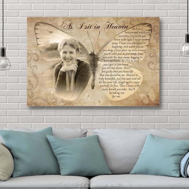 Mother In Heaven Canvas - Personalized Butterfly Memorial For Mom's Passing With 'As I Sit In Heaven' Poem