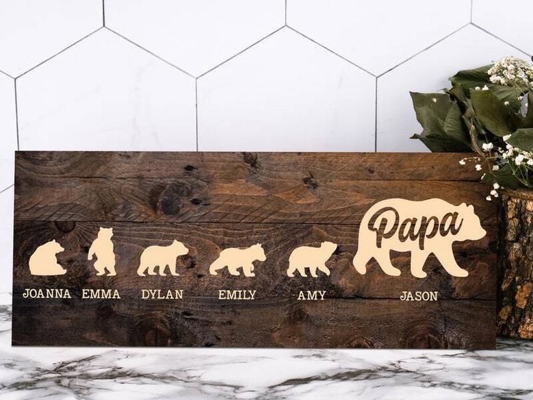 Personalized Papa Bear Wall Decor For Dad's Birthday From Daughter Or Wife - Rustic Wood Sign