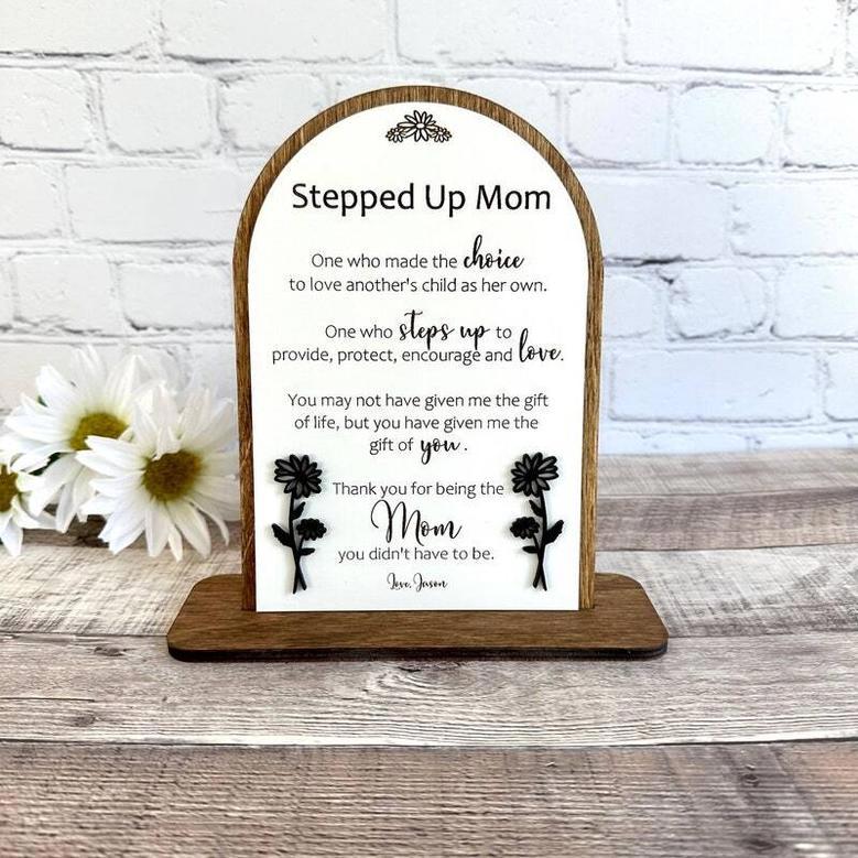 Stepped Up Mom Personalized Wood Sign Ideal For Mother's Day Blended Family Gift Engraved For Bonus Moms