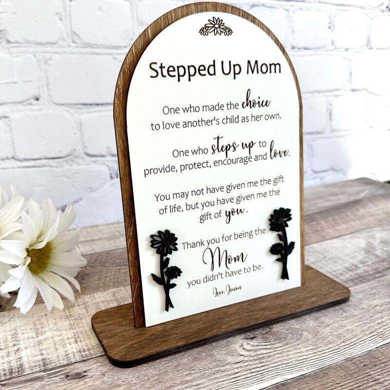 Stepped Up Mom Personalized Wood Sign Ideal For Mother's Day Blended Family Gift Engraved For Bonus Moms