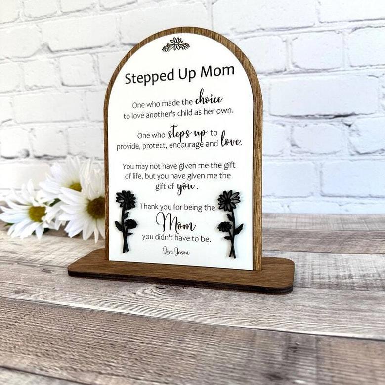 Stepped Up Mom Personalized Wood Sign Ideal For Mother's Day Blended Family Gift Engraved For Bonus Moms