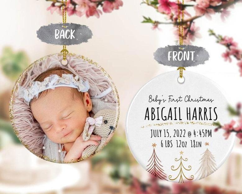 Personalized Baby's First Christmas Ornament With Photo And Birth Stats Keepsake For New Parents