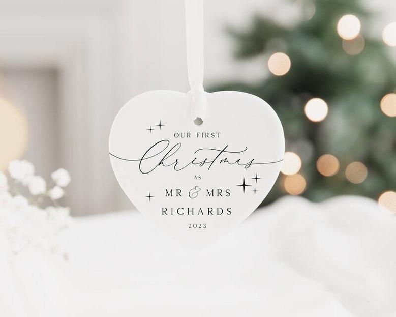 Personalized Our First Christmas As Mr & Mrs Ornament – Newlywed Keepsake Ceramic Wall Art