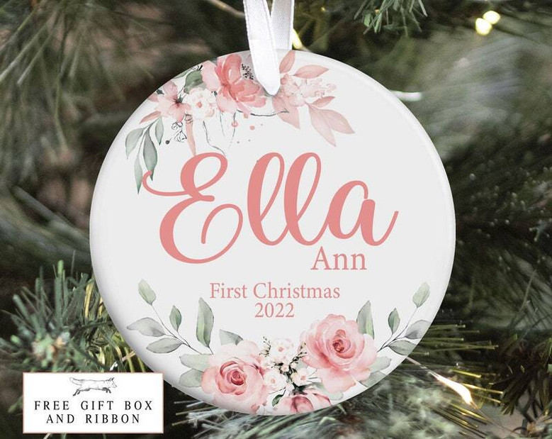 Baby's First Christmas elephant ornament, custom name and year, elephant motif with holiday accents, sweet gift for newborn.