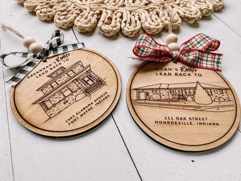 Christmas Personalized Wooden Ornament With Custom Hand Drawn House Design – First Home Gift