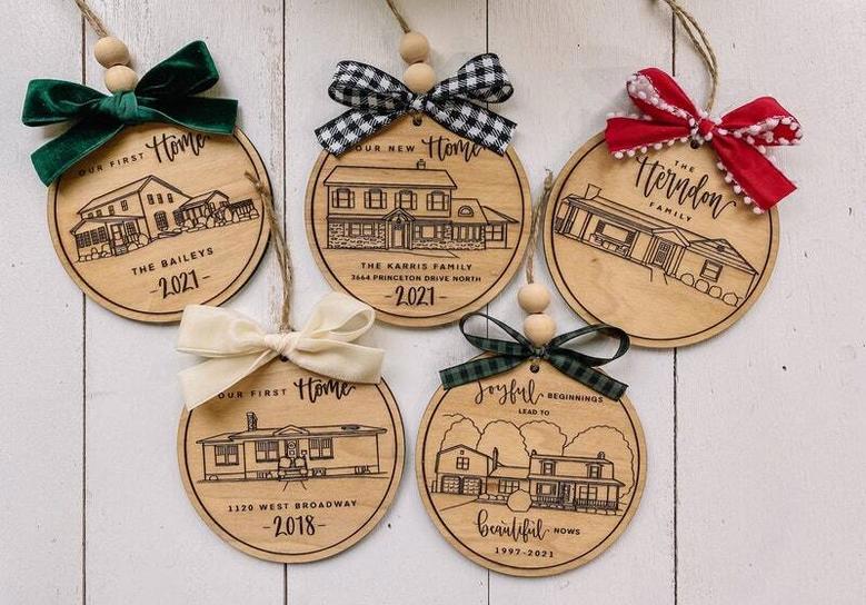 Christmas Personalized Wooden Ornament With Custom Hand Drawn House Design – First Home Gift