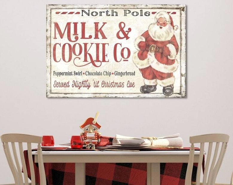 Vintage North Pole Milk And Cookie Canvas Sign For Kitchen - Christmas Wall Art Decor