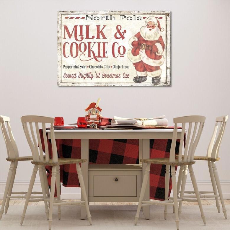 Vintage North Pole Milk And Cookie Canvas Sign For Kitchen - Christmas Wall Art Decor