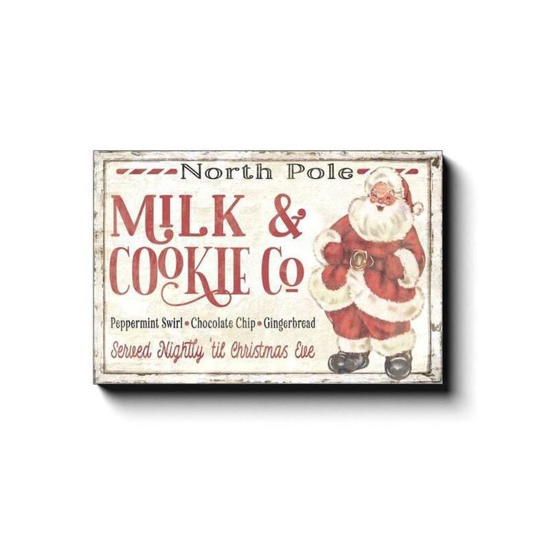 Vintage North Pole Milk And Cookie Canvas Sign For Kitchen - Christmas Wall Art Decor