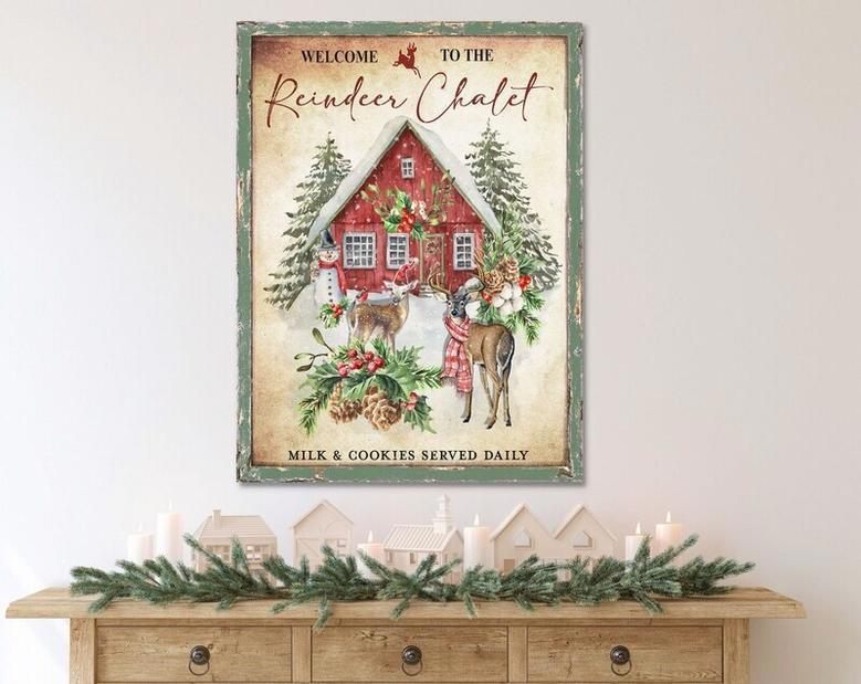 Retro Reindeer Chalet Canvas For Christmas - Vintage Holiday Decor For Living Room