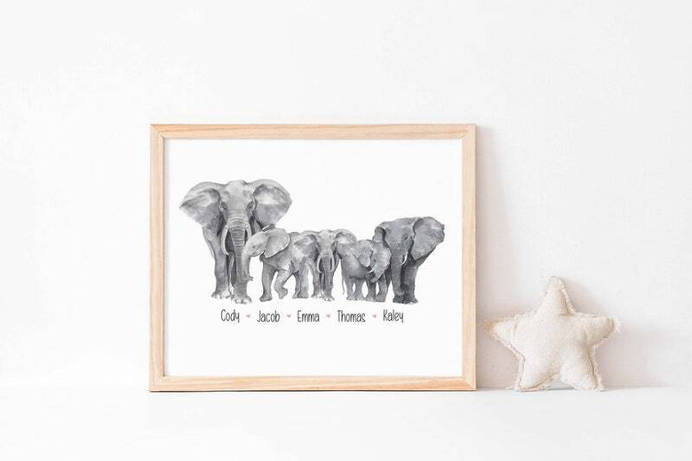 Elephant Family Wall Art - Personalized Canvas With Family Names For Living Room - Thoughtful New Family Gift