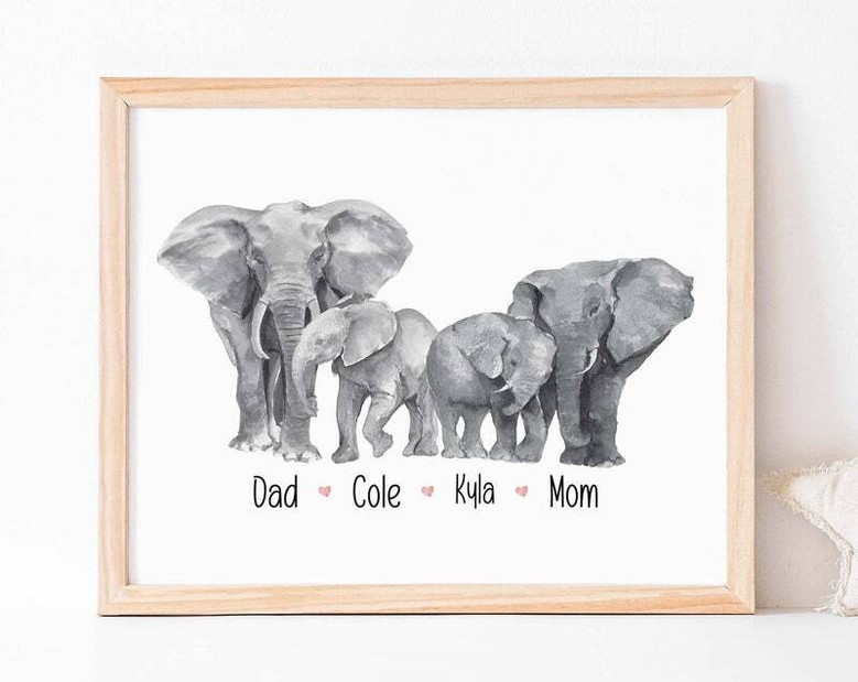 Elephant Family Wall Art - Personalized Canvas With Family Names For Living Room - Thoughtful New Family Gift