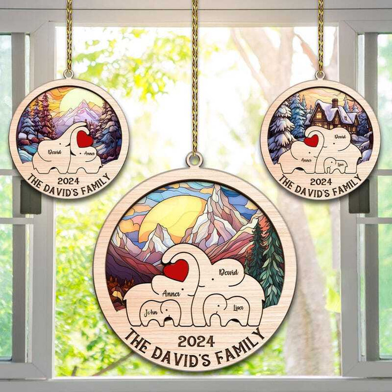 Custom Elephant Family Christmas Suncatcher Ornament For Family Members Of 2-7 | Thoughtful Holiday Gift 2024