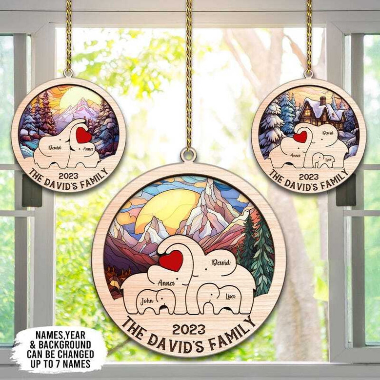 Custom Elephant Family Christmas Suncatcher Ornament For Family Members Of 2-7 | Thoughtful Holiday Gift 2024