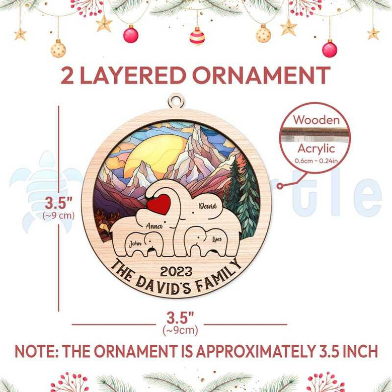 Custom Elephant Family Christmas Suncatcher Ornament For Family Members Of 2-7 | Thoughtful Holiday Gift 2024