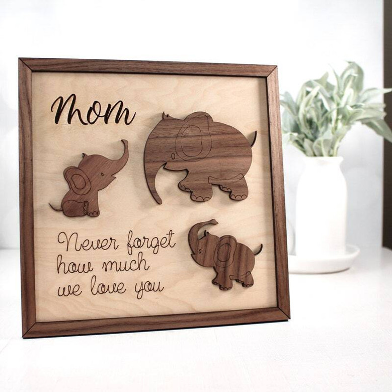 Thoughtful Elephant Family Wood Sign - Personalized Mother's Day Gift From Kids For Mom Or Grandma