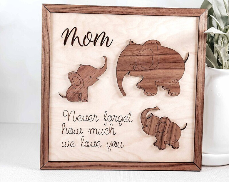 Thoughtful Elephant Family Wood Sign - Personalized Mother's Day Gift From Kids For Mom Or Grandma