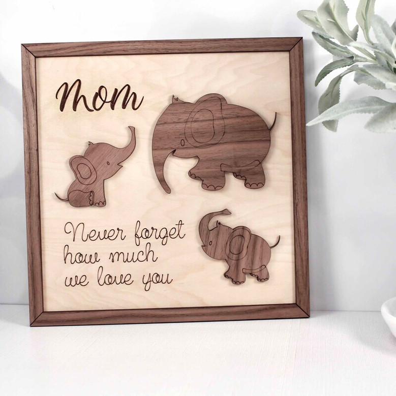Thoughtful Elephant Family Wood Sign - Personalized Mother's Day Gift From Kids For Mom Or Grandma