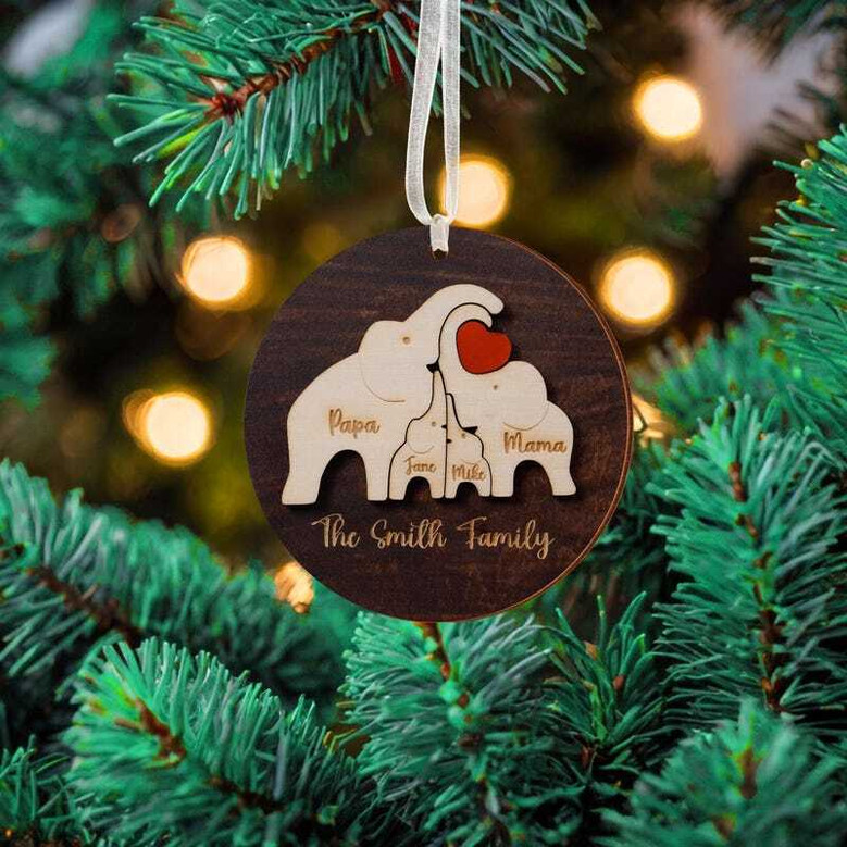 Heartfelt Elephant Family Wooden Ornament Personalized Puzzle Design For First Christmas Keepsake Decoration