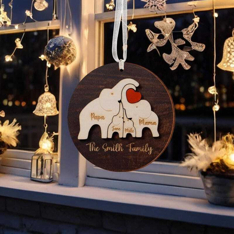 Heartfelt Elephant Family Wooden Ornament Personalized Puzzle Design For First Christmas Keepsake Decoration