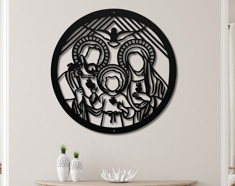 Religious Holy Family Metal Sign With Sacred Hearts