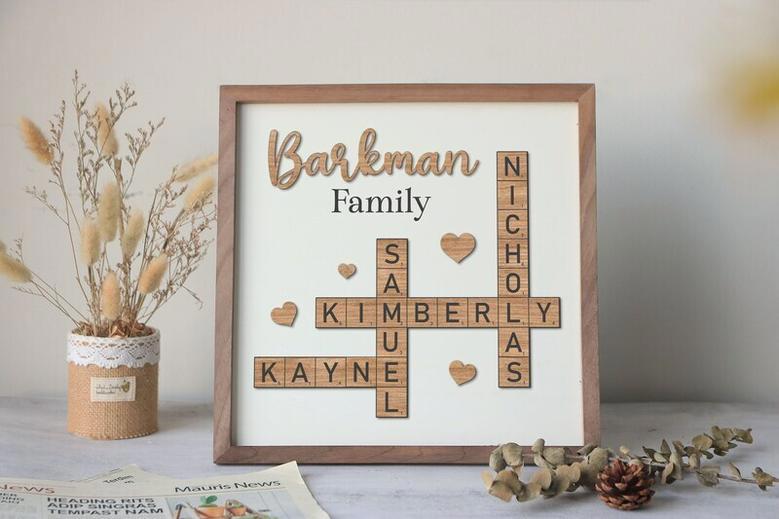 Heartfelt Personalized Family Name Wooden Sign - Custom Last Name Crossword Art For Living Room