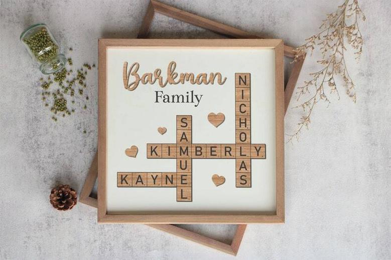 Heartfelt Personalized Family Name Wooden Sign - Custom Last Name Crossword Art For Living Room