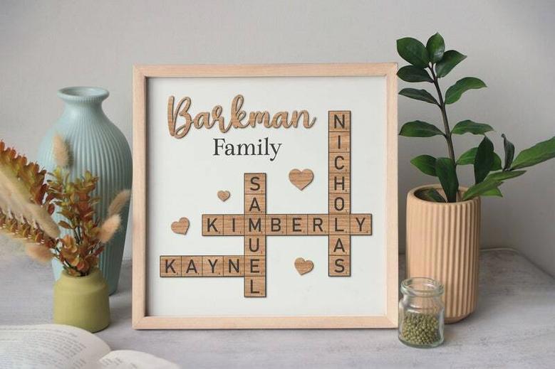 Heartfelt Personalized Family Name Wooden Sign - Custom Last Name Crossword Art For Living Room