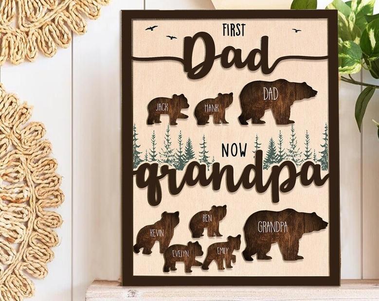 Thoughtful First Dad Now Grandpa Wood Sign - Personalized Gift For Papa Bear With Kids' Names