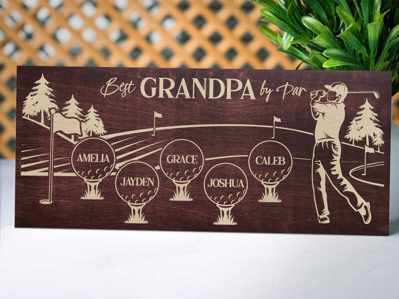 Best Dad By Par wooden golf sign, custom engraved with child’s name, Christmas or birthday, natural wood wall decor for Dad