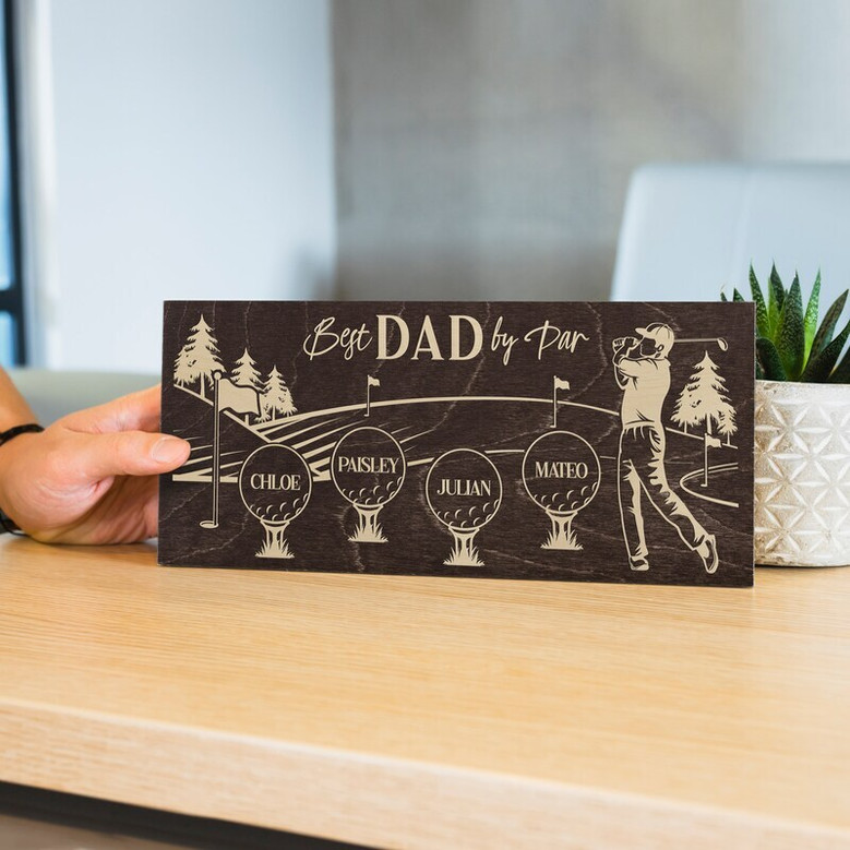 Best Dad By Par wooden golf sign, custom engraved with name and year, ready-to-hang golf decor for Dad’s office or den