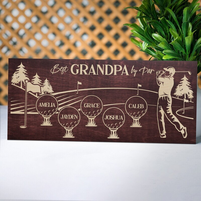 Best Dad By Par wooden golf sign, laser-etched lettering, personalized with name and date, wall/shelf decor for Dad’s space