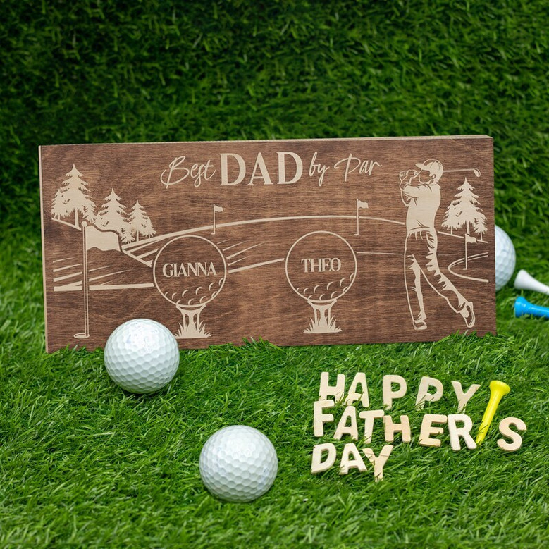 Best Dad By Par wooden golf sign, personalized, birthday gift from daughter, dark walnut stain horizontal wall plaque for Dad