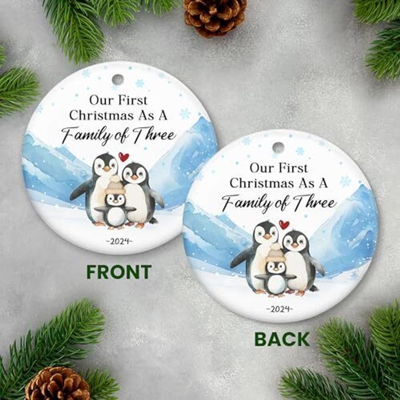 Personalized Baby's First Christmas Ornament For New Parents - Family Of Three, Thoughtful Holiday Gift, Ceramic Decoration