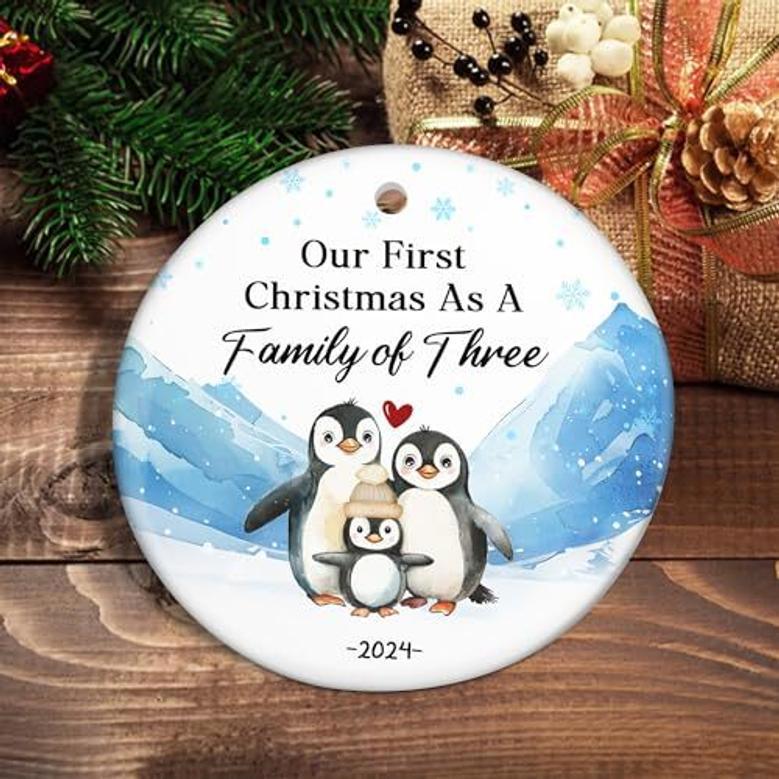 Personalized Baby's First Christmas Ornament For New Parents - Family Of Three, Thoughtful Holiday Gift, Ceramic Decoration