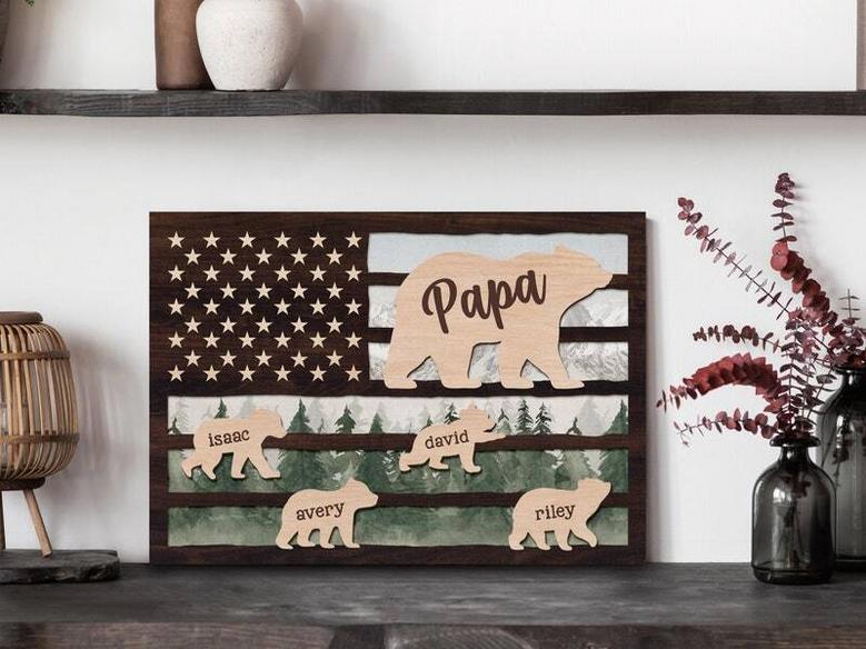 Personalized Papa Bear Canvas With 3D Engraving - American Flag Design For Dad Gifts