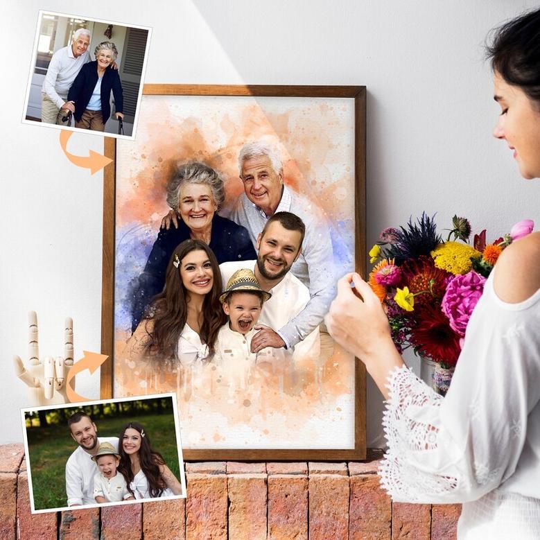 Custom Memorial Watercolor Family Canvas - Add Deceased Loved One Photo - Personalized Anniversary Gift