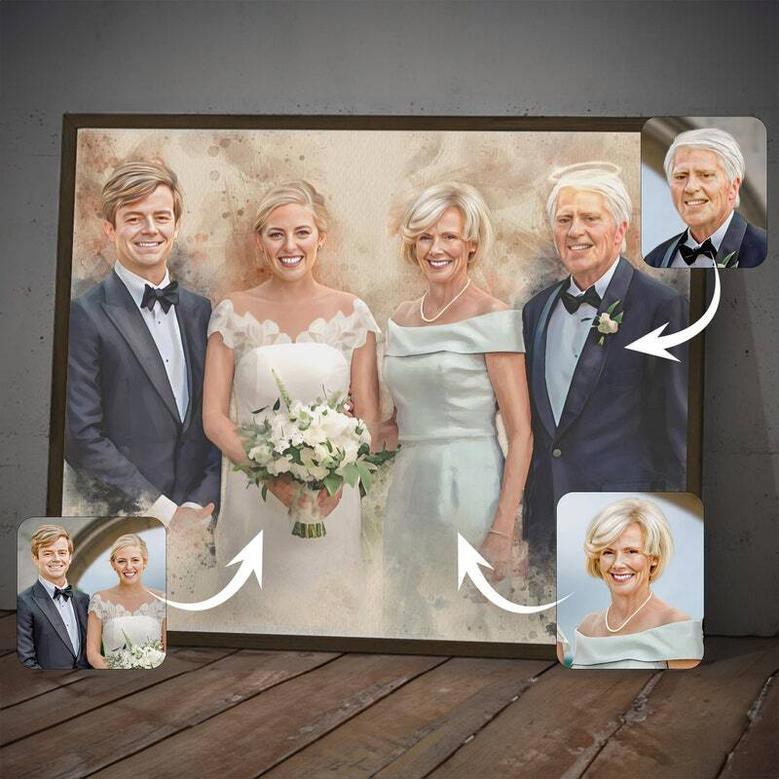 Custom Watercolor Family Portrait Canvas - Combine Photos Including Deceased Loved One for Memorial Tribute