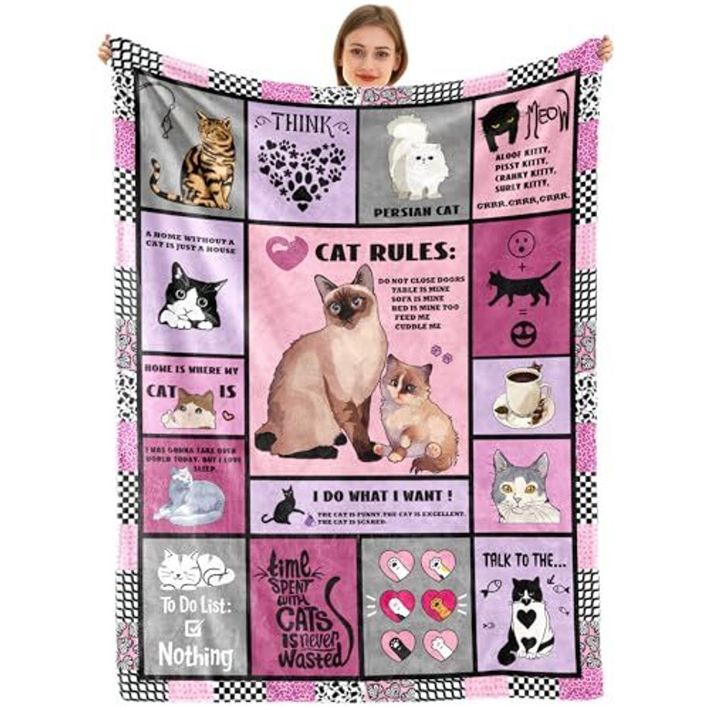 Cozy Funny Cat Flannel Fleece Blanket - Ideal Gifts For Women And Girls, Cat-Themed Decor For Bed, Chair, Couch
